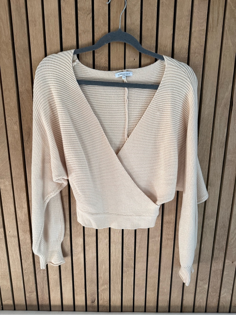 Crescent Cream Ribbed Wrap Knit Top
